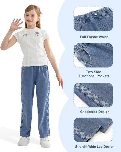 Miniatura 4 de Rolanko Pantalones vaqueros para niñas, cintura elástica, pierna ancha, pantalones holgados para niños, ropa para niños de 4 a 14 años