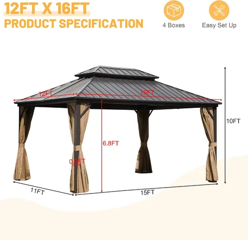 Miniatura 2 de Cenador de techo rígido de 12 x 14 pies, carpa de metal para exteriores, toldo de acero galvanizado de doble techo, acabado de madera recubierto