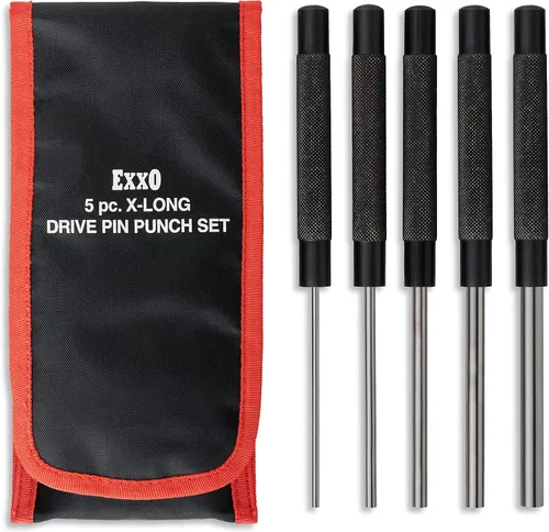 EXXO | Juego de 5 perforadores de pasadores largos | 8 pulgadas | 1/8 pulgadas, 3/16 pulgadas, 1/4 pulgadas, 5/16 pulgadas y 3/8 pulgadas | Incluye