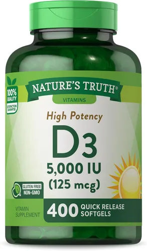 Nature's Truth Vitamina D3 5000 UI cápsulas blandas | 400 unidades | Alta potencia | Suplemento sin OMG y sin gluten