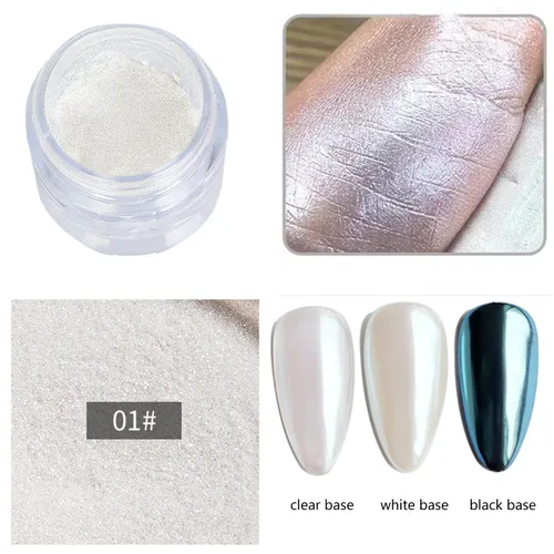 Miniatura 4 de 3 frascos de polvo de cromo perla blanca para uñas, efecto espejo de luz de luna, brillo blanco con purpurina aurora, pigmento brillante para diseño