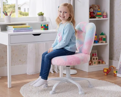 Miniatura 5 de HNY Silla de escritorio para niños con ruedas, bonita silla de tocador peluda con respaldo hueco en forma de corazón ajustable con ruedas