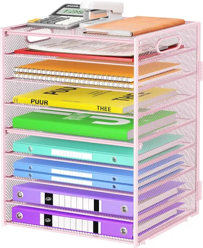 Miniatura 13 de Cawukege Organizador de papel de 9 niveles con asa, organizador de escritorio de gran capacidad, carpeta de archivos de malla, bandeja de papel