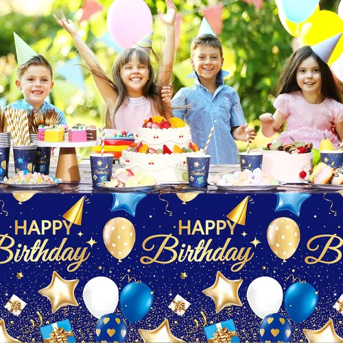 Miniatura 5 de Norme Juego de vajilla de cumpleaños de 176 piezas, color azul marino y dorado, incluye mantel, platos de papel, servilletas, vasos de papel