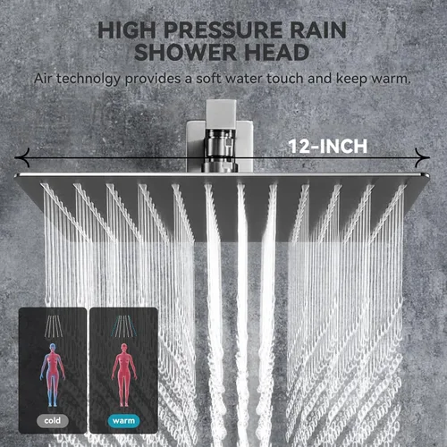 Miniatura 11 de Sistema de ducha de lluvia con juego completo de 6 piezas de chorros de cuerpo y válvula de presión de montaje empotrado, cabezal de lluvia de 12