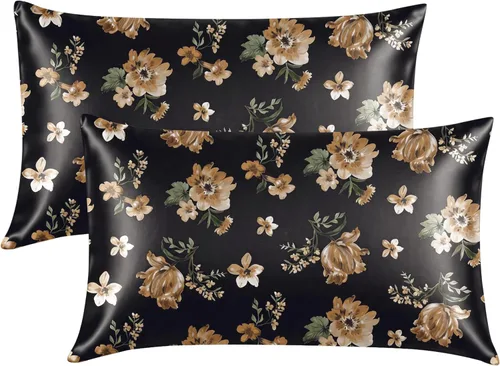 Miniatura 45 de EXQ Home - Funda de almohada de satén para cuidar el cabello y la piel, tamaño estándar, de seda con estampado negro, juego de 2 fundas con cierre