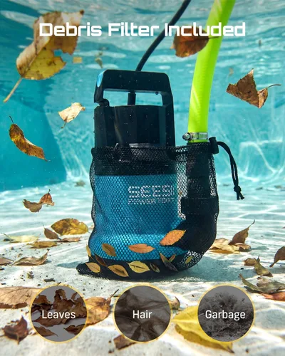Miniatura 6 de SEESII Bomba de agua sumergible 1HP, bomba de sumidero de alto flujo de 4755 GPH con kit de manguera de 23 pies, red de filtro antiobstrucción