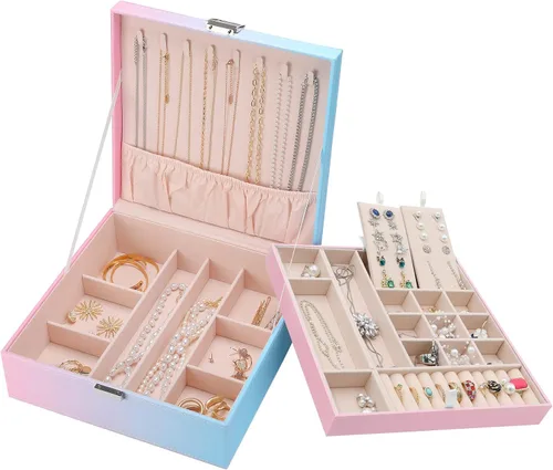 ProCase Joyero para mujeres, niñas, novia, esposa, regalo ideal, organizador de joyas de cuero grande con dos capas para aretes, pulseras, anillos,