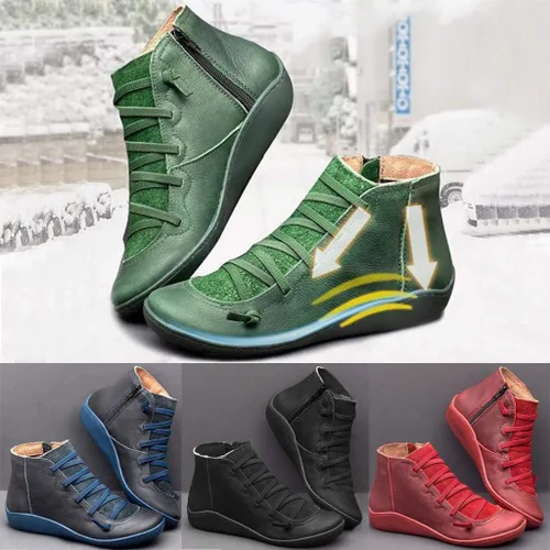 Miniatura 2 de Gibobby Botines de tacón plano para mujer, botas de tobillo con soporte de arco, botas de amortiguación con cordones y cremallera lateral