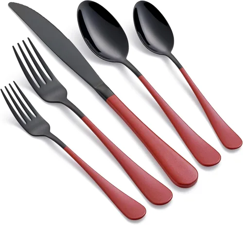 Juego de cubiertos de acero inoxidable 18/0, color rojo, 20 piezas, color negro, con mango rojo, para 4 cuchillos, tenedores, cucharas, juego de