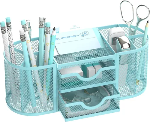 SUPEASY Organizador de escritorio de malla, organizadores de escritorio y accesorios, soporte para bolígrafos con cajones, soporte para lápices para