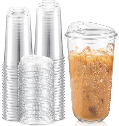 Miniatura 12 de Baderke 100 Vasos de Plástico con Tapas para Sorber Fondo Redondo Vasos de Café de Plástico Desechables con Tapas Tazas de Cristal Transparentes sin