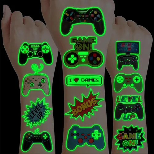 96 piezas de tatuajes de videojuegos que brillan en la oscuridad para niños, calcomanías de tatuajes falsos temporales luminosos para niños, Luminous