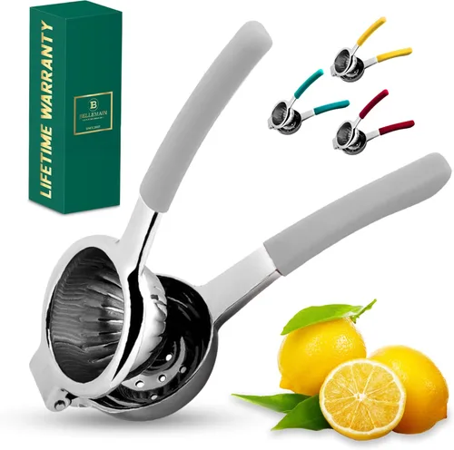 Bellemain Exprimidor de cítricos | Exprimidor de limón de metal | Exprimidor de lima y limón de acero inoxidable con asas de silicona | Exprimidor
