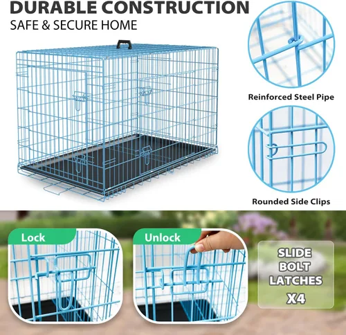 Miniatura 4 de BestPet Jaula para perros 24 pulgadas Azul Perrera de metal plegable con puertas dobles, pestillos seguros de perno deslizante, bandeja a