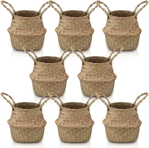 Miniatura 16 de Qunclay 4 Cestas Tejidas de Hierba Marina Belly Basket Plegable Boho Natural Maceta con Asas Redonda Decorativa de Mimbre Grande para Interiores
