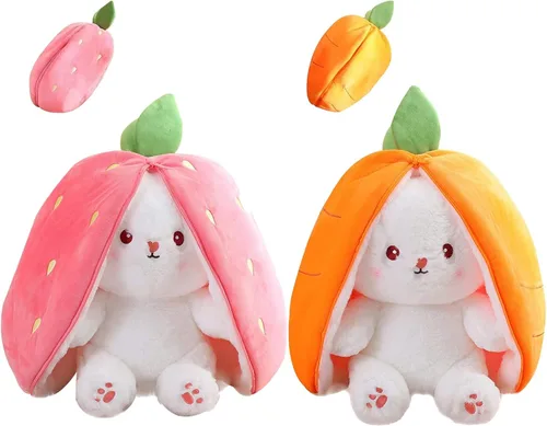 Miniatura 16 de Almohada de peluche de conejo, reversible, zanahoria y fresa, animal de peluche con cremallera, bonita decoración de conejo para niños y adultos