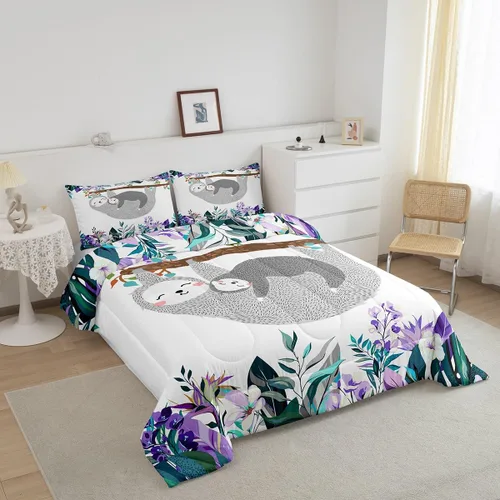 Miniatura 3 de Erosebridal Juego de edredón de perezoso tamaño individual, bonito edredón de plumón de perezoso en árbol para niños y niñas, juego de ropa de cama