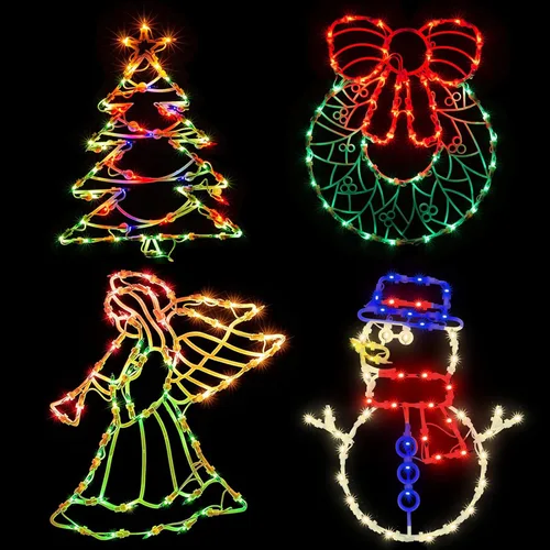 Paquete de 4 luces de silueta de ventana de Navidad, muñeco de nieve iluminado, ángel trompeta, corona, árbol de Navidad, luces de ventana de