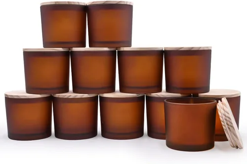 Miniatura 33 de SHOWIN Tarros de vela gruesos de 14 OZ para hacer velas 12 Piezas, tarros vacíos de 3 mechas con tapas de madera para hacer velas, recipiente