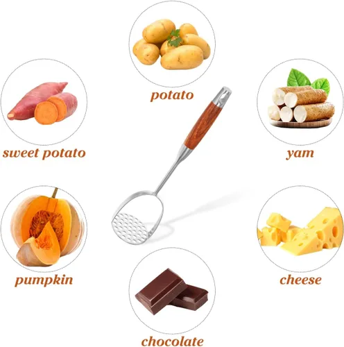 Miniatura 8 de Angoily Triturador de papas de acero inoxidable con mango de madera, prensador de papas resistente para papas de mano para aguacate y verduras