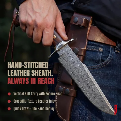 Miniatura 6 de BIGCAT ROAR Raptor - Cuchillo de caza hecho a mano de acero de Damasco con hoja fija de 13.2 pulgadas, mango de madera de nogal y funda de cuero