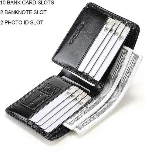 Miniatura 72 de Billetera de piel triple con bloqueo RFID para hombre con 2 ventanas de identificación, 2 compartimentos para efectivo, 6-8 ranuras para tarjetas