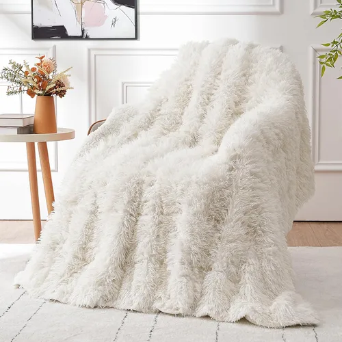 Miniatura 9 de Cottonblue Manta Pesada Mullida de 20 libras, Manta Pesada de Lujo de Piel Sintética Mullida para Adultos, Manta de Pelo Largo Desgreñada y Blanco