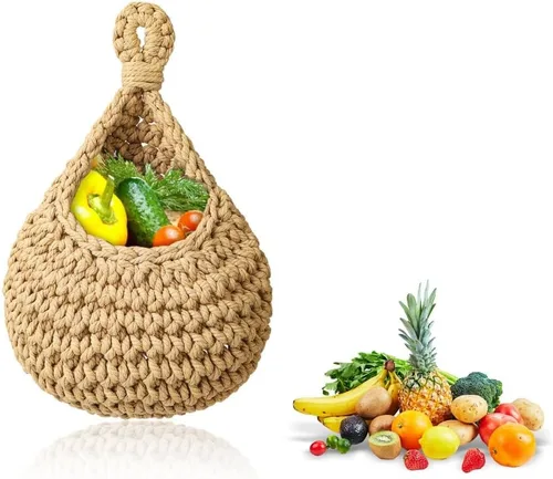 Miniatura 10 de Cesta colgante de frutas para cocina, cesta de frutas para colgar en la pared, cesta de frutas y verduras tejida a mano, cesta colgante de yute