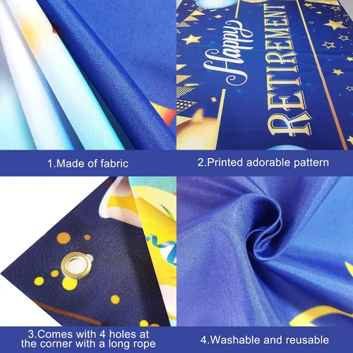 Miniatura 5 de KatchOn Cartel de feliz jubilación extra grande de 72 x 44 pulgadas, decoraciones azules y doradas, telón de fondo para fiesta, decoraciones