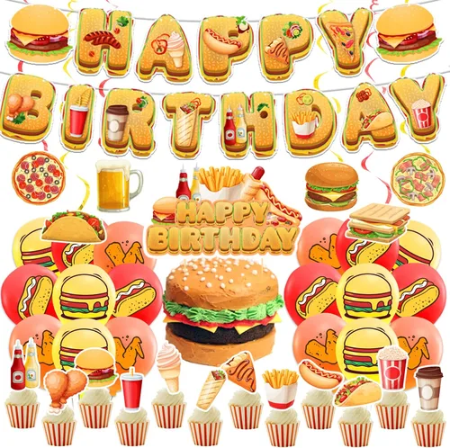 Decoraciones de fiesta de comida rápida, papas fritas, pizza, hamburguesa, pollo frito, hot dog, suministros de fiesta, incluye pancarta de