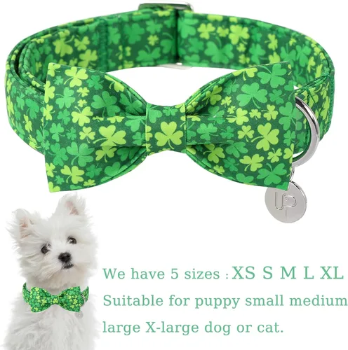 Miniatura 2 de Collar de perro del día de San Patricio con corbatín, collar de lazo de trébol de la suerte ajustable para perros hembras y machos, collares