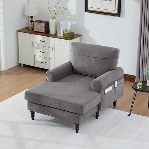 Miniatura 11 de Moderno sofá reclinable individual de tela de chenilla, patas de madera con cómodo respaldo y reposabrazos, bolsillos laterales para sala de estar