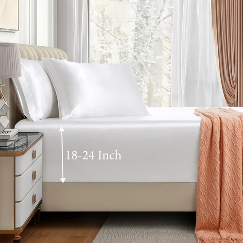 Miniatura 10 de VACVELT Juego de sábanas bajeras de satén de 3 piezas con bolsillos extra profundos para cama matrimonial, sábana bajera color gris que se ajusta a