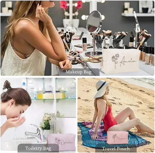 Miniatura 6 de DayOfShe Regalos de despedida de soltera, bolsa de maquillaje personalizada con nombre y flor de nacimiento como regalo de dama de honor, bolsa