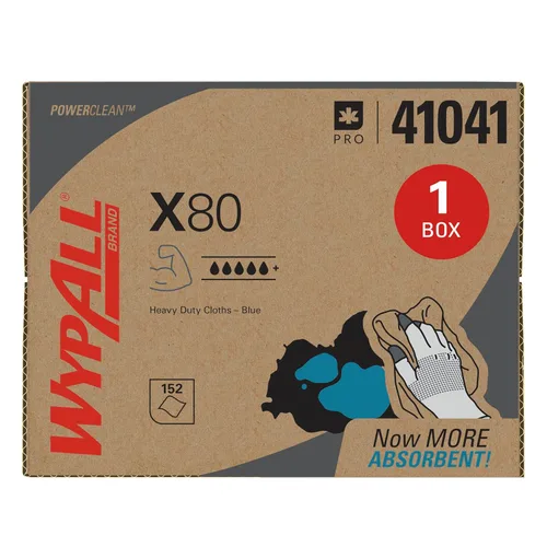 WypAll PowerClean X80 Paños de limpieza resistentes (41041), caja Brag, toallas de uso prolongado, azul (1 paquete de 152 hojas, 152 hojas en total)