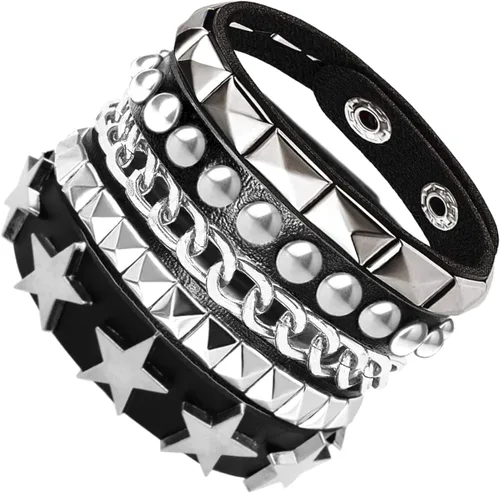 3 pulseras de cuero suave con corazónpirámidecadena, puños de muñeca Emo Punk, accesorios de joyería, regalo gótico para mujeres vintage