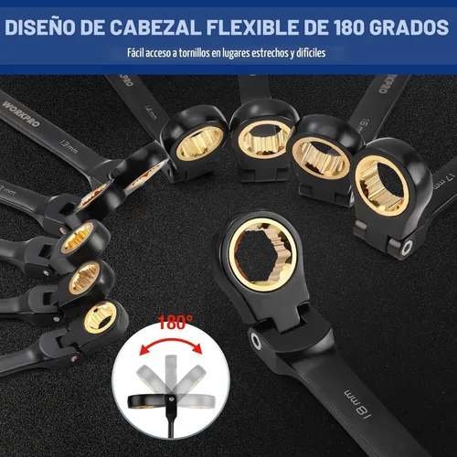 Miniatura 2 de WORKPRO Juego de llaves de trinquete de 22 piezas con cabezal flexible de 180°, diente antideslizante, juegos de llaves combinadas con caja