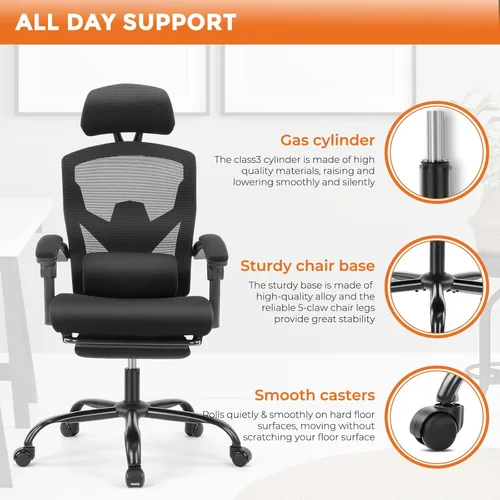 Miniatura 7 de Sweetcrispy Silla de escritorio para computadora de oficina, ergonómica, con respaldo alto, de malla, giratorias, con ruedas, cómodo soporte lumbar