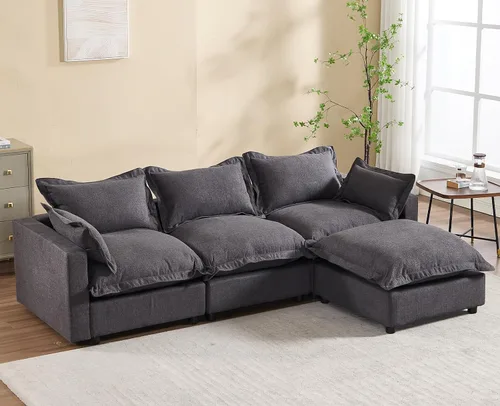 Miniatura 19 de chairus Sofá modular modular de 97 pulgadas con asiento profundo otomano movible, juego de sofá de lino con almohadas suaves en forma de L para sala