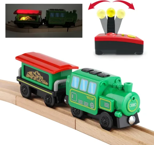 Miniatura 3 de Juego de tren de locomotora a pilas para pista de madera, vehículos magnéticos de control remoto eléctrico de juguete con potente luz de motor