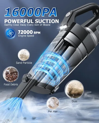 Miniatura 2 de AHNR Aspiradora de mano inalámbrica, 16000 PA potente succión de mano inalámbrica recargable con luz LED y 2 filtros HEPA, aspiradora portátil