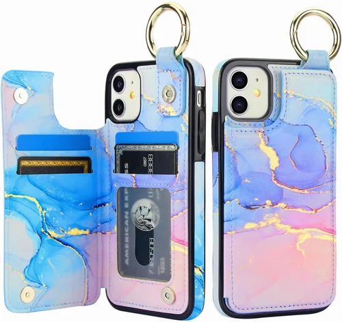 Miniatura 7 de HAOPINSH Funda tipo cartera para iPhone 11 con portarjetas, patrón de mármol rosa azul con tapa trasera plegable, funda de cuero PU con soporte