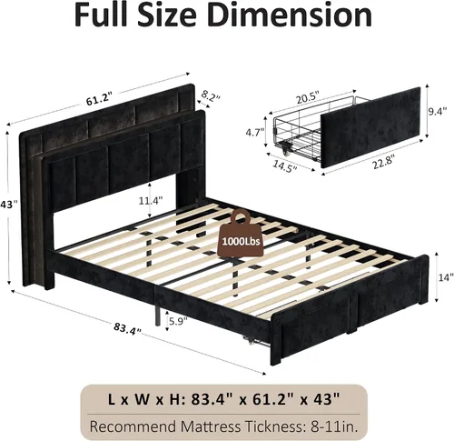 Miniatura 2 de Base de cama de almacenamiento de tamaño matrimonial, cama de plataforma tapizada con 2 cajones, cabecera de canal vertical de terciopelo con luces