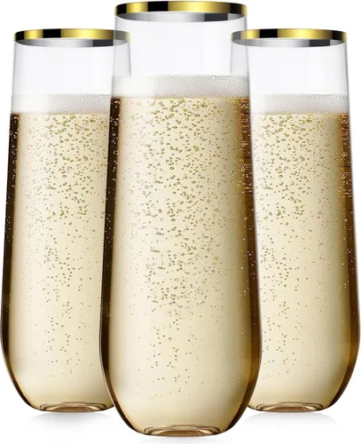 Maaá 24 Paquete de copas de champán de plástico, 9 onzas, desechables, sin tallo, con borde dorado, copas de Mimosa para brindar, copas de cóctel de