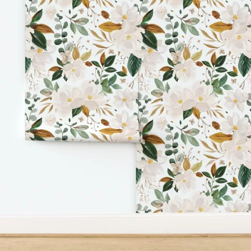 Miniatura 4 de Spoonflower Papel tapiz para despegar y pegar - Papel pintado extraíble personalizado con flores de magnolias florales doradas