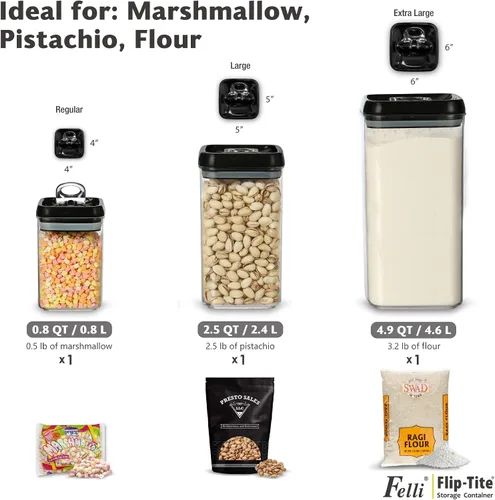 Miniatura 4 de Felli Flip Tite Contenedor de almacenamiento con tapa de 6" XL con cierre hermético de anillo en la parte superior, juego de botes de acrílico Negro