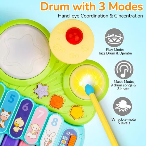 Miniatura 5 de Juguetes Musicales para Bebés 3 en 1 Piano Teclado Xilófono Juego de Tambores para Niñas y Niños de 1 Año Juguetes Edad 2 Años Instrumento Musical