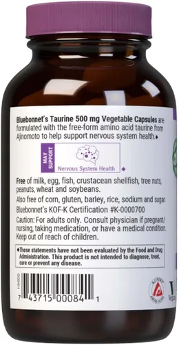 Miniatura 3 de Bluebonnet Taurina 500 mg Cápsulas de vitaminas, 50