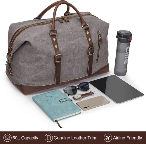 Miniatura 21 de S-ZONE - Bolsa de viaje de lona sobredimensionada con adornos de cuero genuino, bolsa deportiva de hombro de fin de semana, bolso de fin de semana
